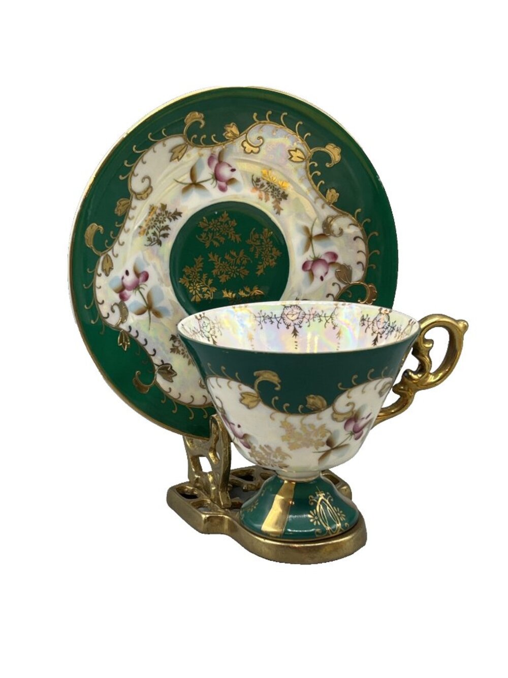 Vtg 50’s Lusterware Tea Cup Saucer Green Gold Trim Masculine Royal Sealy Japan